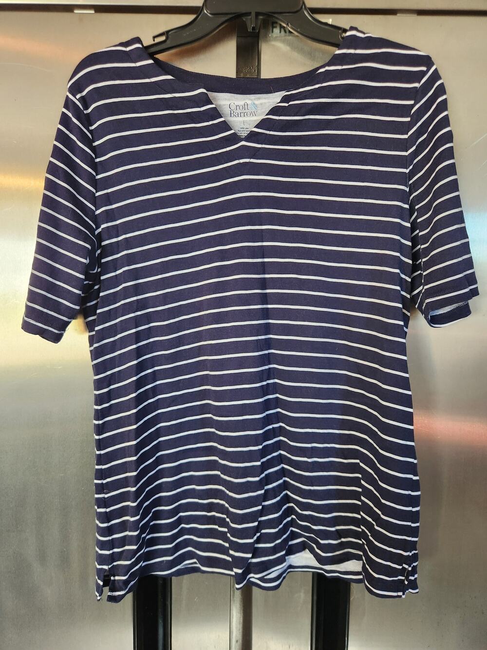 Croft & Barrow Womens Striped Knit Top Size L | Navy White V-Neck Short Sleeve